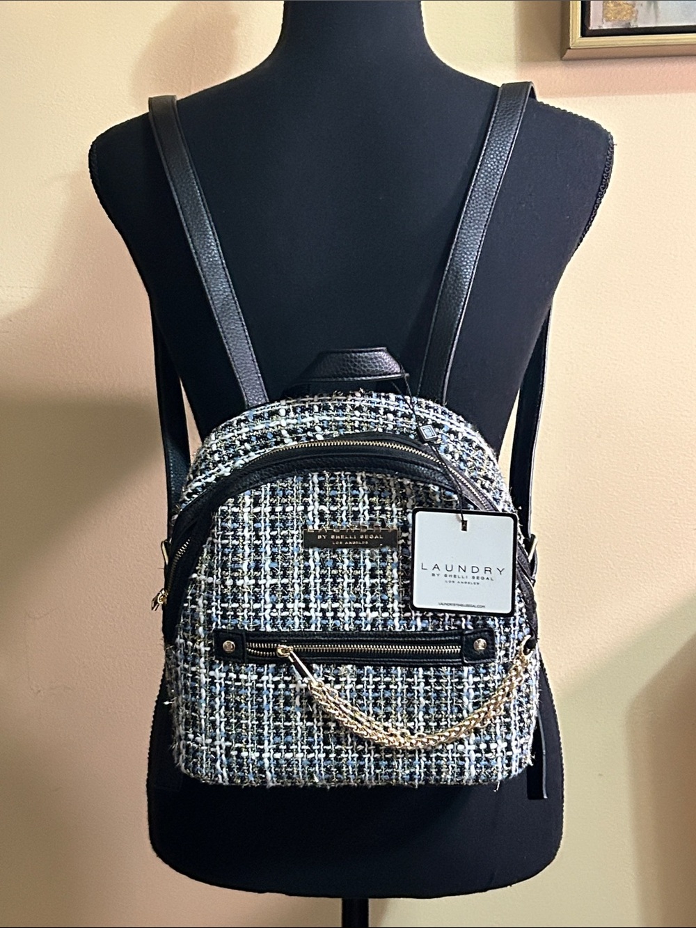 Laundry By Shelli Segal Black and White Tweed Mini Backpack with Gold Chain